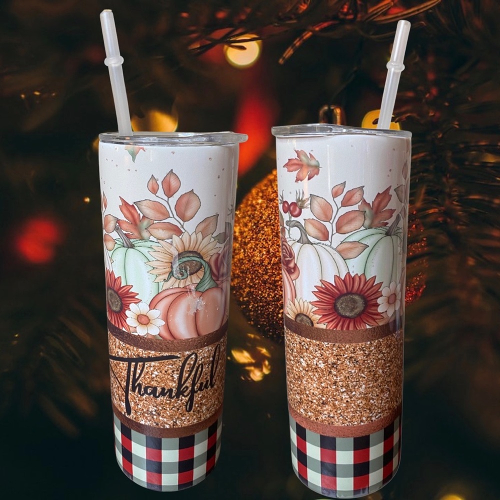 Thankful Tumbler & Lid & Plastic Straw, 20oz Stainle…